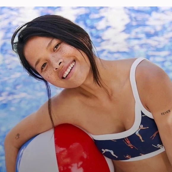 Aerie One Shoulder Navy & White Vintage Swimmer Pattern - Picture 2 of 5